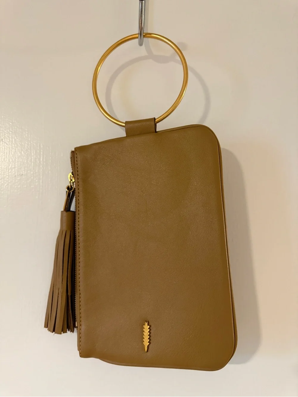 Thacker Wristlet Clutch in Brown with Gold Hoop